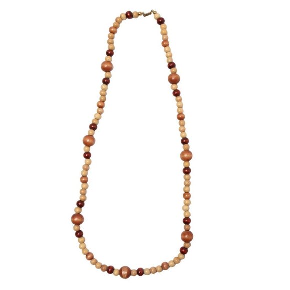 Vintage 70s Celebrity Signed Wood Bead Necklace Boho Strand Wooden Browns Gold - Picture 2 of 7